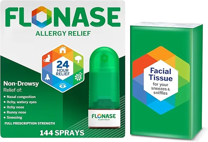 Flonase Allergy Relief Nasal Spray, 24-Hour Non-Drowsy Multi-Symptom Relief � 144 Sprays, Bonus Pack of Tissues